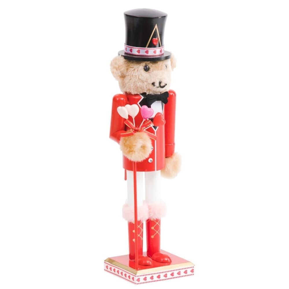 Wooden Nutcracker,14", ROMANTIC TEDDY BEAR IN RED & WHITE WITH HEARTS STAFF, Mar